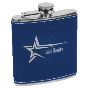 6 Oz. Blue/Silver Laserable Leatherette Stainless Steel Flask