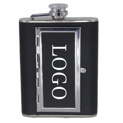 5 oz Stainless Steel Hip Flask with Cigarette Case and Leather Wrapped Cover