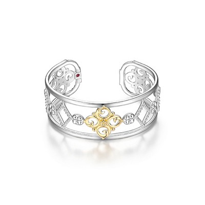 ELLE "Venice" Two Tone Silver Filigree Cuff Bangle - Silver and Gold