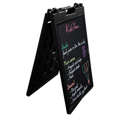 A Frame Stand With 2 Chalkboard Vinyl Decals Mounted To Corrugated Material