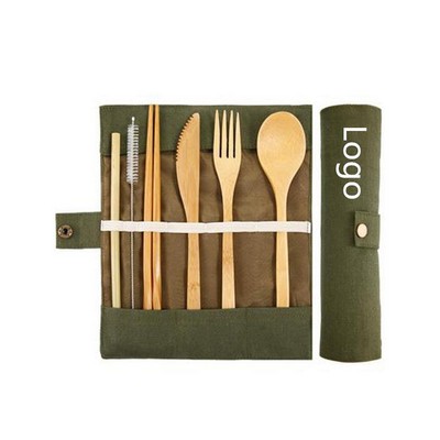 Reusable Bamboo Utensil Kit w/Knife Fork Spoon Chopsticks & Reusable Straw