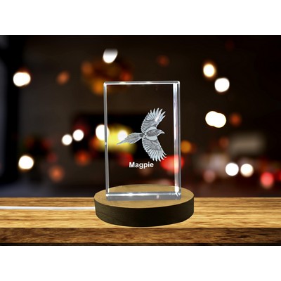 Magpie 3D Engraved Crystal Trophy Award - Gift for Bird Lovers