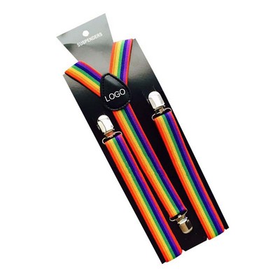 1" Wide LGBT Pride Rainbow/Unisex Adjustable Elastic Y Back Style Suspender w/Strong Metal Clips