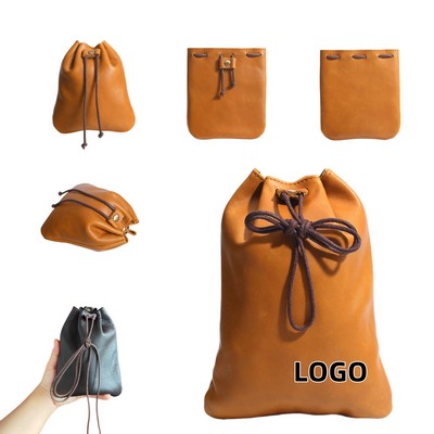 Cowhide Drawstring Pocket Change Storage Bag