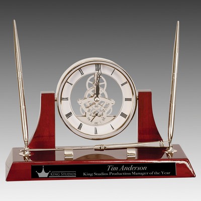 Rosewood Piano Finish Clock w/2 Pens & Letter Opener