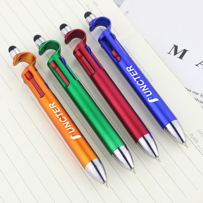 4-Color Stylus Retractable Ballpoint Pen Phone Holder Pen