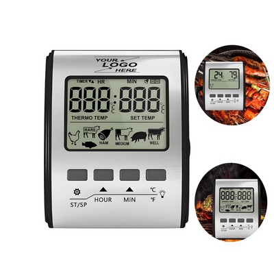 Smart BBQ Meat Thermometer Timer with Temperature Alarm, Stainless Steel Panel.