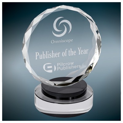 Round Facet Crystal on Multi-Level Black/Clear Round Base, Medium (4-7/8"x6"H)