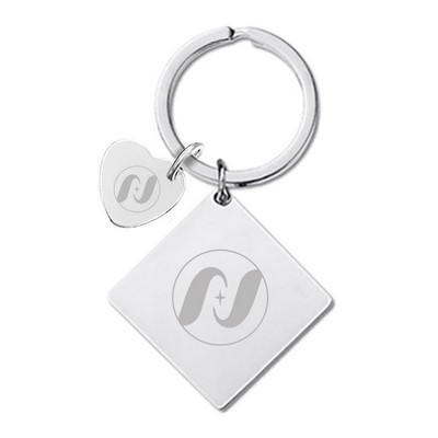 30 x 30 x 2 mm Silver Square Tag Keychain W/ Small Heart Tag 15 mm