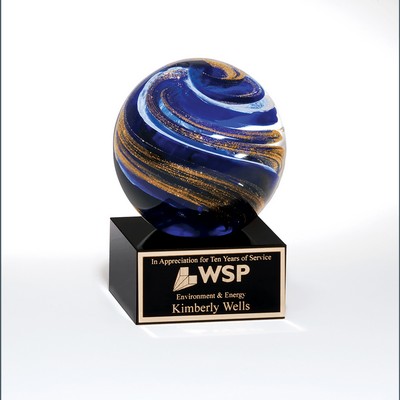 Blue, White & Gold Metallic Globe on Black Glass Base, 5"H