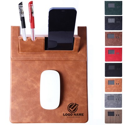 Leather Laptop Mouse Pad with Phone & Pen Holder