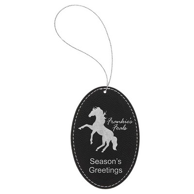 Faux Leather Oval Ornament with Silver String, Black