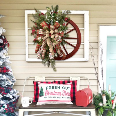 Christmas Door Hanging Wooden Wagon Wheel Pinecone Wreath Holiday Decoration