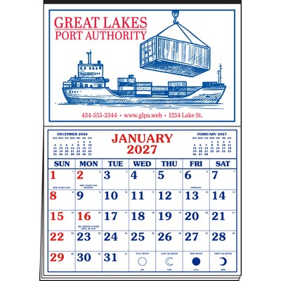 Memo Master 2 Color Imprint Half Apron Calendar (Red & Blue)