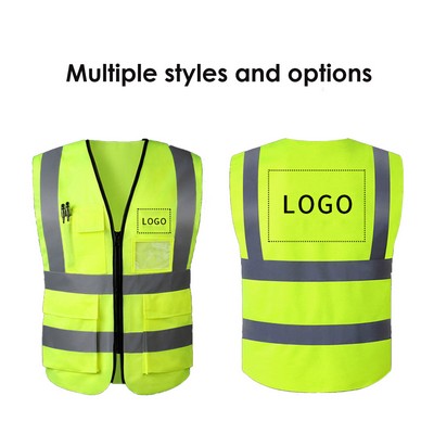 Polyester High Visibility Safety Vest W/ Reflective Strips & Front Zipper