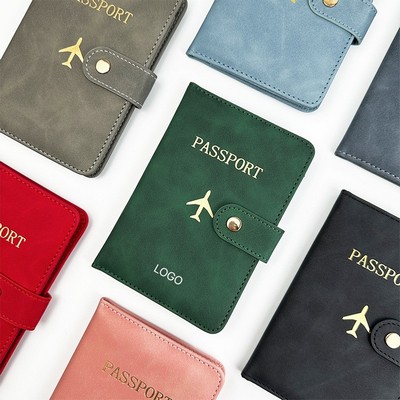 Gold-Stamped Passport Cover, Airplane Passport Holder, Buckle Closure Passport Case, PU Leather