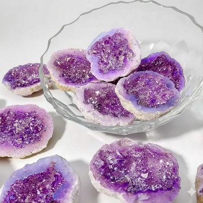 Electroplated Purple Natural Crystal Geode Rainbow Aura Quartz Cluster Specimen Metallic Purple