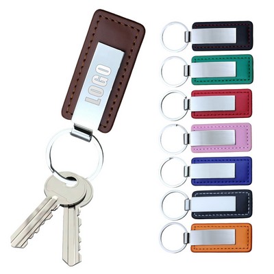 Rectangular Leather Keychain W/ Metal Plate