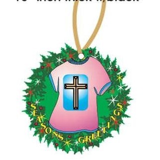 Gold Cross T-Shirt Promotional Wreath Ornament w/ Black Back (4 Square Inch)