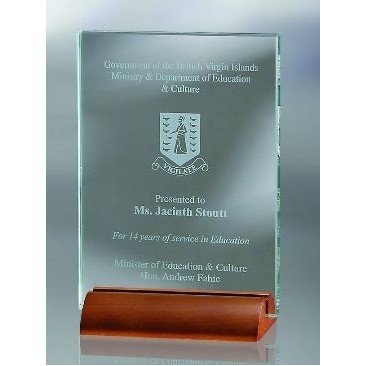 Large Jade Glass Plaque w/Wood Base Award