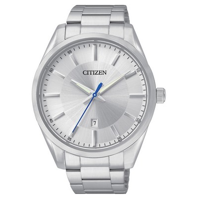 Citizen® Men's Quartz Silver-Tone Watch w/Silver Dial & Blue Seconds Hand