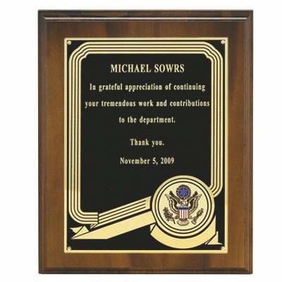 Walnut Finish Plaque w/Black Plate Holds 2" Medallion (8"'x10")