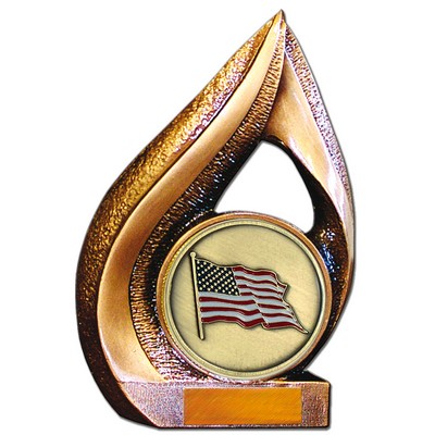 Stock 9" Flame Trophy with 2" US Flag Coin and Engraving Plate