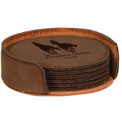Round Leatherette 6-Coaster Set (Dark Brown)