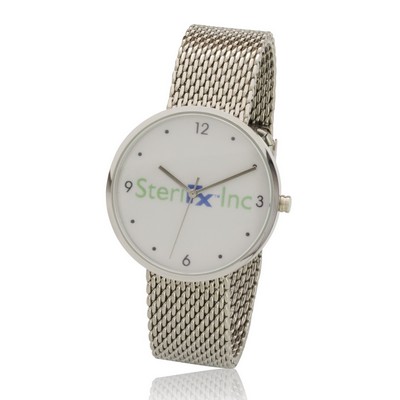 1.55" Round Screen Watch with Polished Chrome Case, Stainless Steel Mesh Bracelet