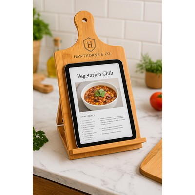 Bamboo Cookbook & Tablet Stand – Engraved Cutting Board Style Easel