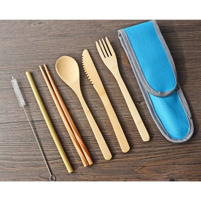 Reusable Bamboo Utensil Set in Cotton Holder