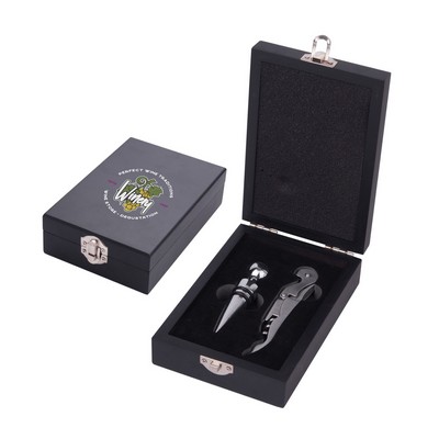 Stainless Steel Wine Opener & Stopper Set In A Wood Case