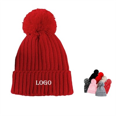 Cuffed Knit Beanie W Pom