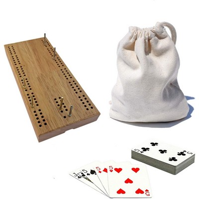 7" Travel Cribbage Set - Solid Hardwood Board with Cards and Bag