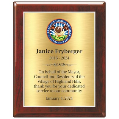 ROSEWOOD PIANO FINISH WOOD PLAQUE WITH GOLD PLATE 7 x 9