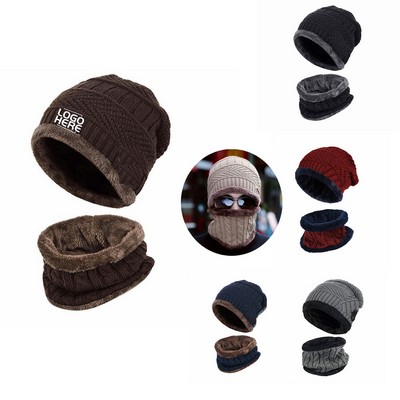Knit Fleece-Lined Windproof and Warm Earmuff Neck Warmer Two-Piece Set with Knit Hat