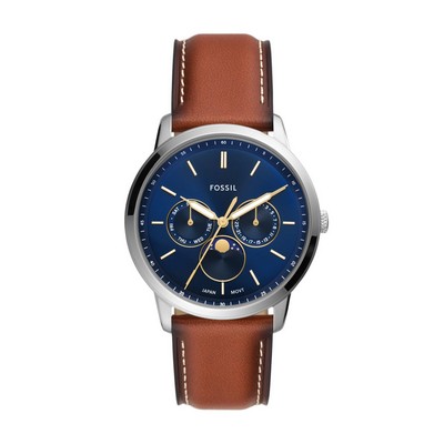 Fossil Men's Neutra Moonphase Brown Leather Watch Blue Dial