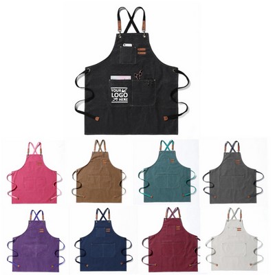 Adjustable Cross Back Chef Canvas Apron with 3 Pockets