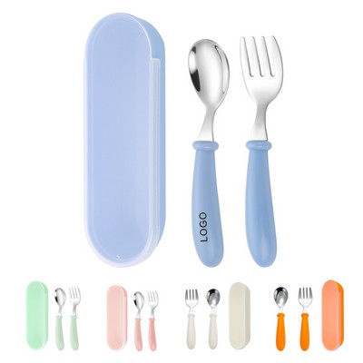 Baby Fork and Spoon Set Reusable Stainless Steel Childrens Safe Cutlery with Round Handle