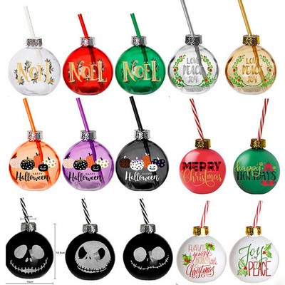13.5 oz Christmas Ball Bulb Shaped Glass Cup With Straw