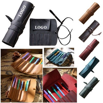 Vintage Leather Pen Roll & Writing Instrument Organizer