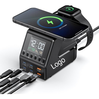 240W Charging Station for Multiple Devices 8-Port Wireless Charger with Alarm Time Display