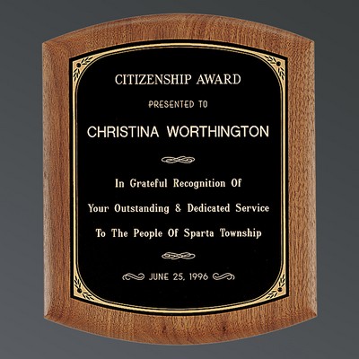 American Walnut Curved Edge Plaque, Black Brass/Gold Florentine, Medium (8-1/2"x10")