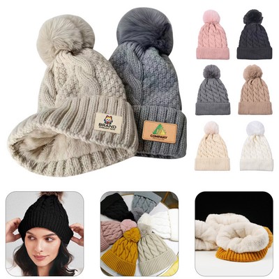 Winter Knit Beanie W/ Pom Pom Warm Cable Hat for Cold Weather