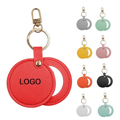 Round Leather Makeup Mirror With Keychain