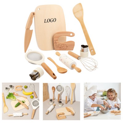 Wooden Kitchen Pretend Play Set with Bamboo Knife and Cutting Board for Ages 3-6