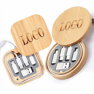 Bamboo Charging Cable Storage Box with Multiple Connectors