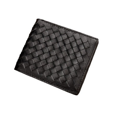 Luxury Sheepskin Woven Short Wallet Genuine Soft Leather Bifold with Multi-Card Slots High-Capacity