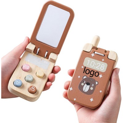 Wooden Baby Cell Phone Toy, Flip Pretend Play Phone for Toddlers with Mirror