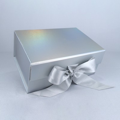 Silver Metallic Magnetic Closure Gift Box with Satin Ribbon